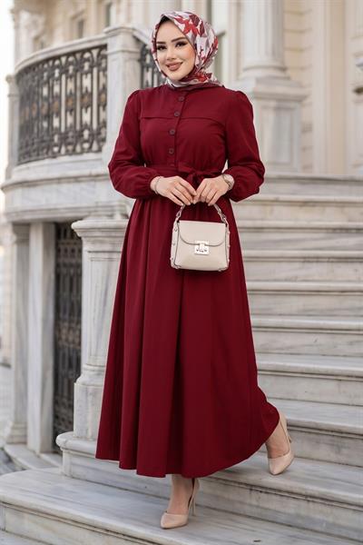 Beli Kuşaklı Terikoton Elbise Kırmızı HM2908