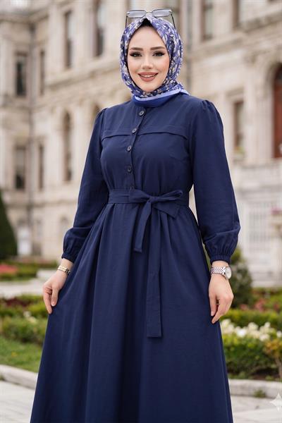 Beli Kuşaklı Terikoton Elbise Lacivert HM2908