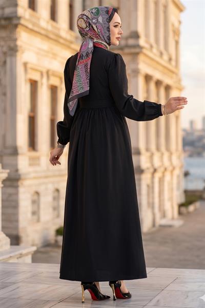 Beli Kuşaklı Terikoton Elbise Siyah HM2908