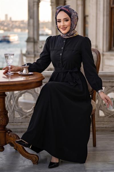 Beli Kuşaklı Terikoton Elbise Siyah HM2908