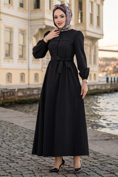 Beli Kuşaklı Terikoton Elbise Siyah HM2908