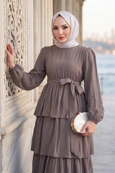 Beli Lastikli Bağlamalı Kat Kat Modal Elbise Vizon HM2915