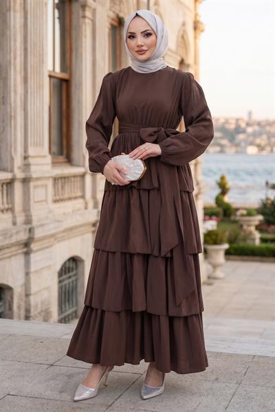Beli Lastikli Bağlamalı Kat Kat Modal Elbise Kahverengi HM2915