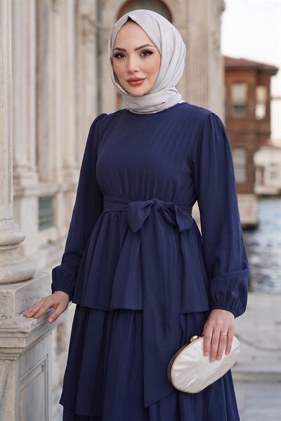 Beli Lastikli Bağlamalı Kat Kat Modal Elbise Lacivert HM2915