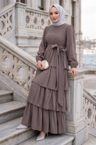 Beli Lastikli Bağlamalı Kat Kat Modal Elbise Vizon HM2915