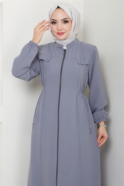 Beli Lastikli Büyük Beden Ferace Gri HM2643