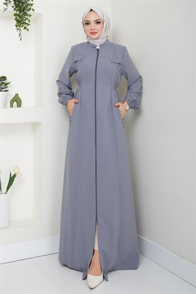 Beli Lastikli Büyük Beden Ferace Gri HM2643