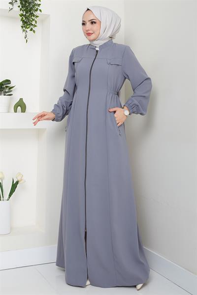 Beli Lastikli Büyük Beden Ferace Gri HM2643