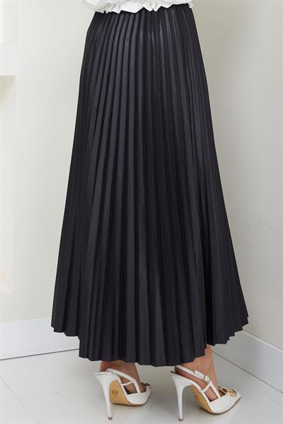 Beli Lastikli Deri Görünümlü Sık Piliseli Etek Siyah HM2655