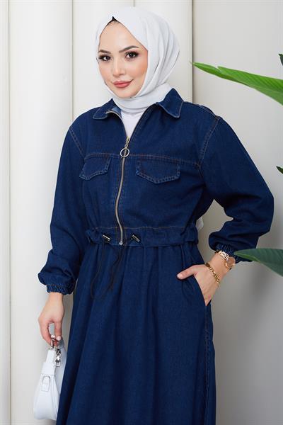 Beli Lastikli Fermuarlı Kot Takım HM2875 Koyu Mavi