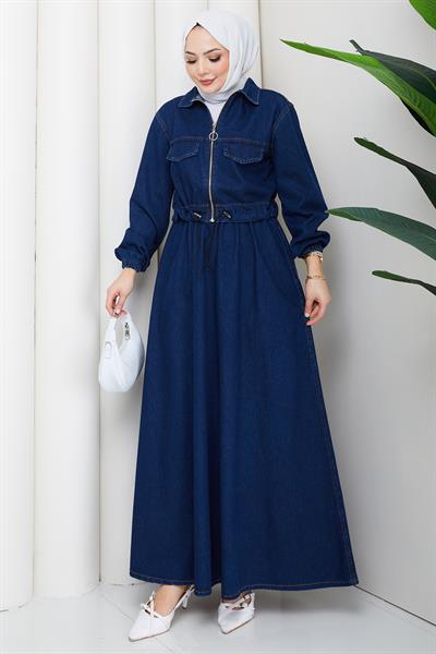 Beli Lastikli Fermuarlı Kot Takım HM2875 Koyu Mavi