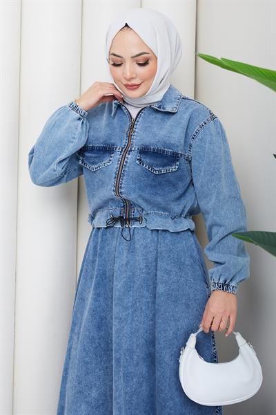 Beli Lastikli Fermuarlı Kot Takım HM2875 Açık Mavi