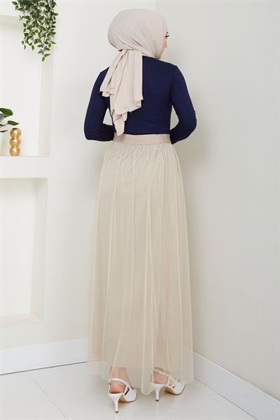 Beli Lastikli Tül Etek Bej HM2704