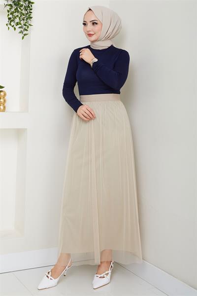 Beli Lastikli Tül Etek Bej HM2704