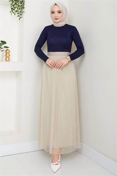 Beli Lastikli Tül Etek Bej HM2704