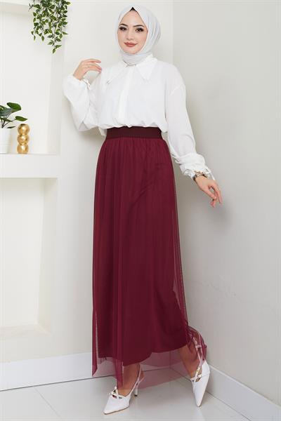 Beli Lastikli Tül Etek Bordo HM2704
