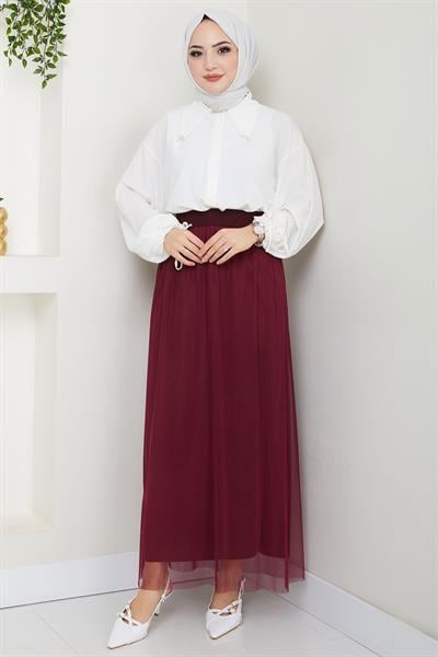 Beli Lastikli Tül Etek Bordo HM2704
