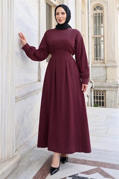 Beli Lastikli Yandan Tokalı Pensli Modal Elbise Bordo HM2909