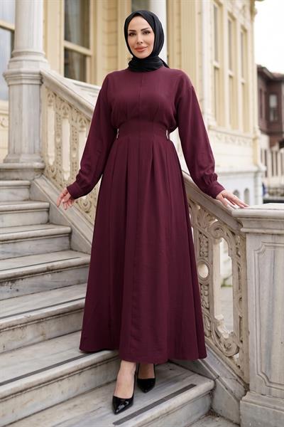 Beli Lastikli Yandan Tokalı Pensli Modal Elbise Bordo HM2909