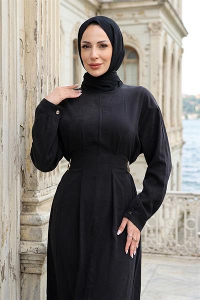 Beli Lastikli Yandan Tokalı Pensli Modal Elbise Siyah HM2909