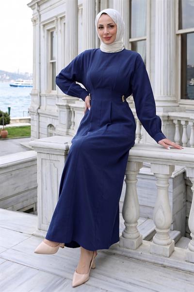 Beli Lastikli Yandan Tokalı Pensli Modal Elbise Lacivert HM2909