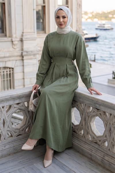 Beli Lastikli Yandan Tokalı Pensli Modal Elbise Haki HM2909
