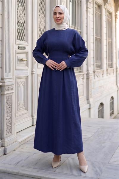 Beli Lastikli Yandan Tokalı Pensli Modal Elbise Lacivert HM2909
