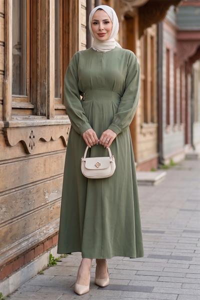 Beli Lastikli Yandan Tokalı Pensli Modal Elbise Haki HM2909