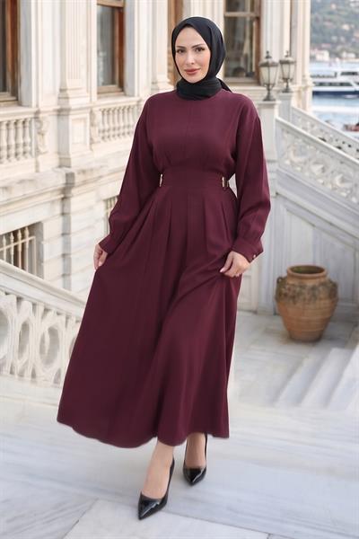 Beli Lastikli Yandan Tokalı Pensli Modal Elbise Bordo HM2909