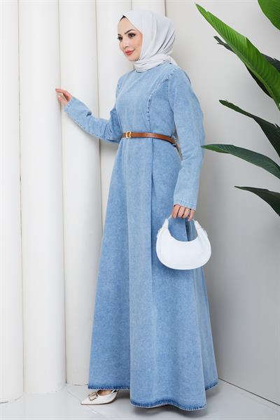 Beli Pensli Kemerli Kot Elbise Açık Mavi HM2896