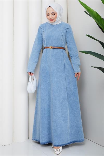 Beli Pensli Kemerli Kot Elbise Açık Mavi HM2896
