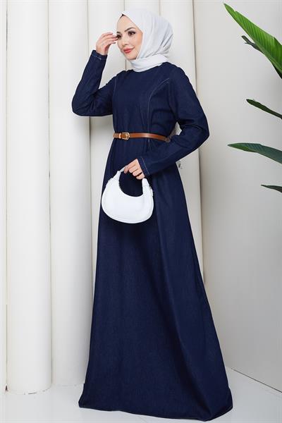 Beli Pensli Kemerli Kot Elbise Koyu Mavi HM2896