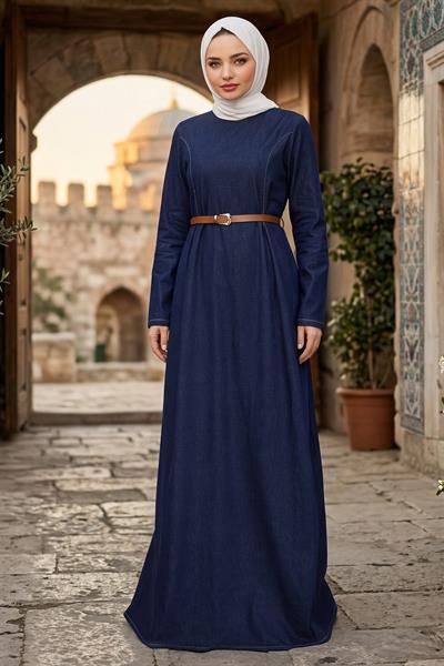 Beli Pensli Kemerli Kot Elbise Koyu Mavi HM2896