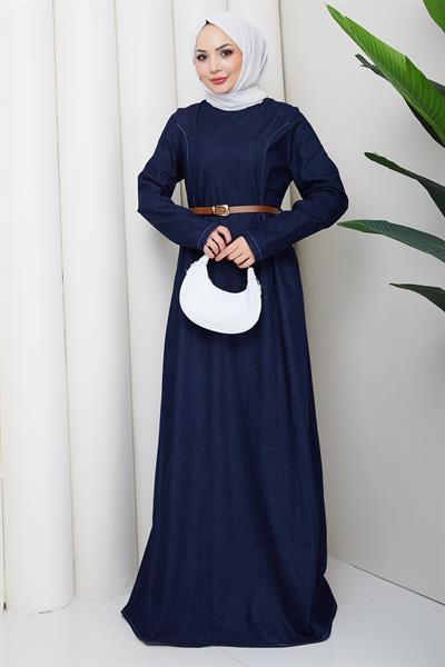 Beli Pensli Kemerli Kot Elbise Koyu Mavi HM2896