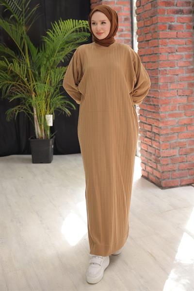 Bisiklet Yaka Balon Kol Triko Elbise Camel HM2518