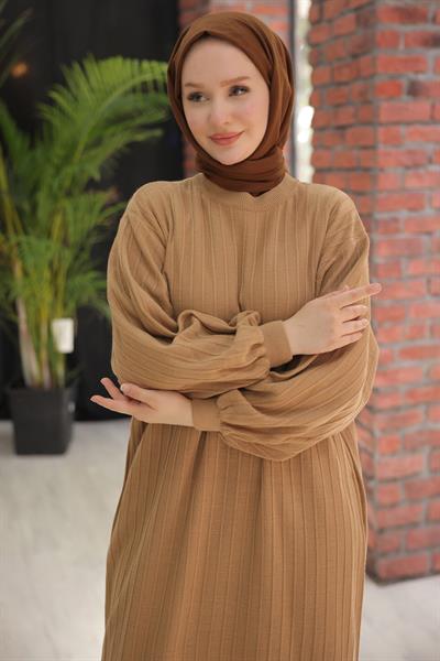 Bisiklet Yaka Balon Kol Triko Elbise Camel HM2518