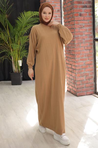 Bisiklet Yaka Balon Kol Triko Elbise Camel HM2518