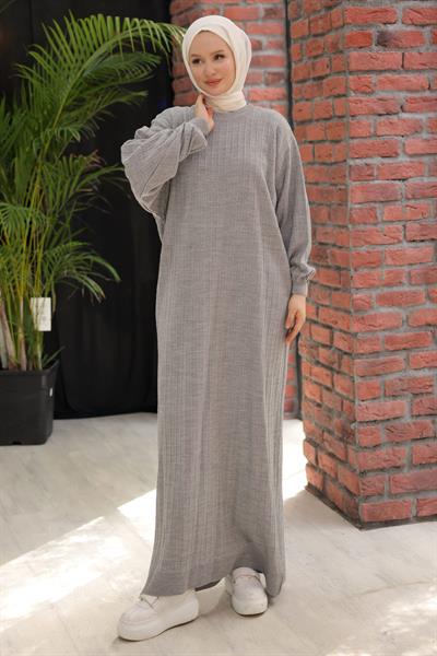 Bisiklet Yaka Balon Kol Triko Elbise Gri HM2518