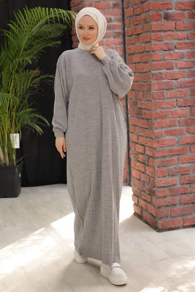 Bisiklet Yaka Balon Kol Triko Elbise Gri HM2518