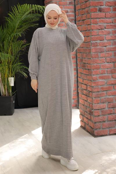 Bisiklet Yaka Balon Kol Triko Elbise Gri HM2518