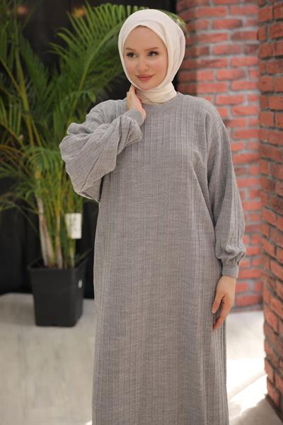 Bisiklet Yaka Balon Kol Triko Elbise Gri HM2518