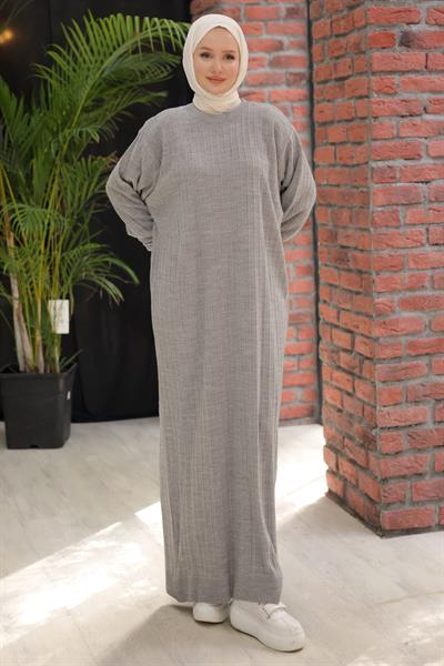 Bisiklet Yaka Balon Kol Triko Elbise Gri HM2518