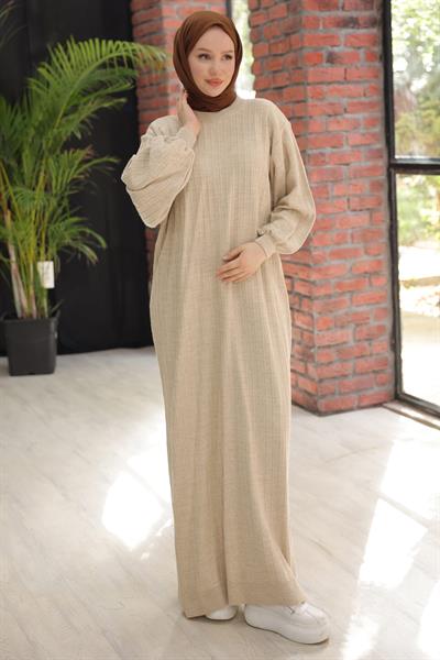 Bisiklet Yaka Balon Kol Triko Elbise Krem HM2518