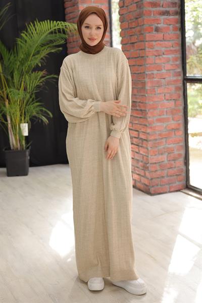 Bisiklet Yaka Balon Kol Triko Elbise Krem HM2518