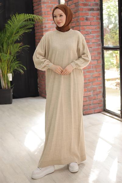 Bisiklet Yaka Balon Kol Triko Elbise Krem HM2518