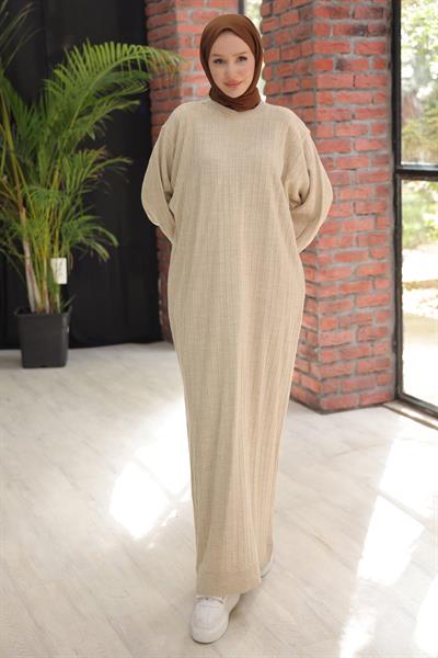 Bisiklet Yaka Balon Kol Triko Elbise Krem HM2518