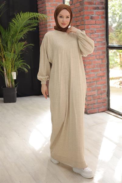 Bisiklet Yaka Balon Kol Triko Elbise Krem HM2518