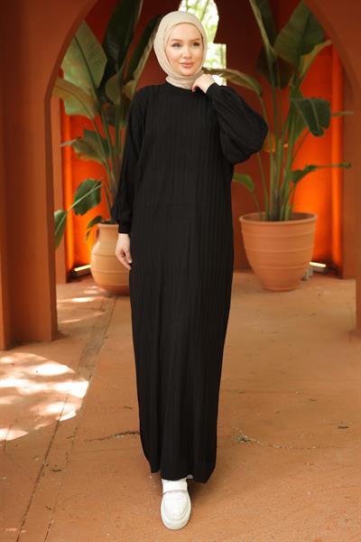 Bisiklet Yaka Balon Kol Triko Elbise Siyah HM2518