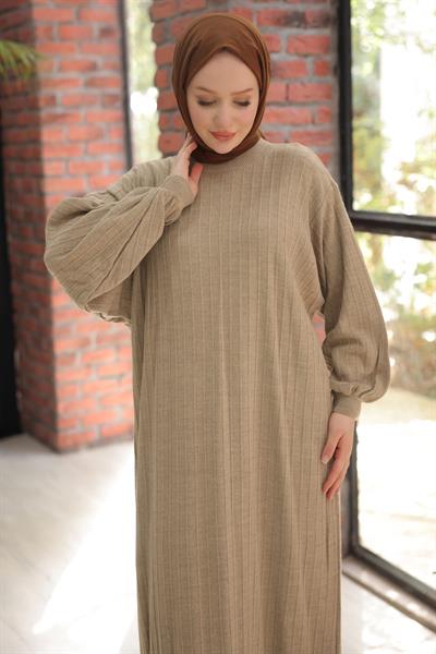 Bisiklet Yaka Balon Kol Triko Elbise Vizon HM2518