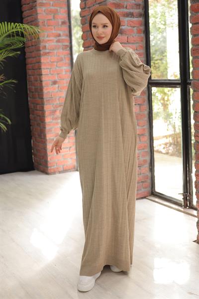 Bisiklet Yaka Balon Kol Triko Elbise Vizon HM2518